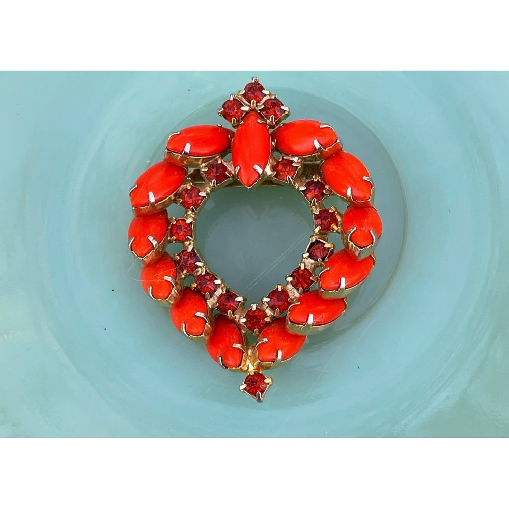 Vintage 1960s Opaque Orange Rhinestone Heart Brooch